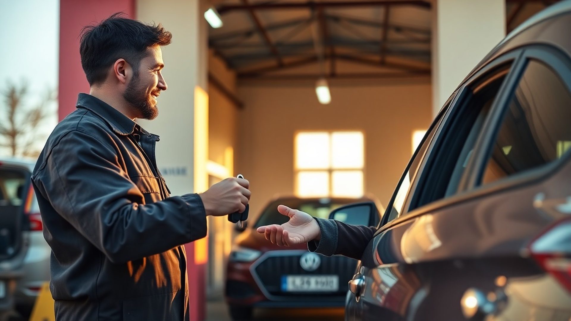 Mecanic predând cheile unui client mulțumit în fața atelierului