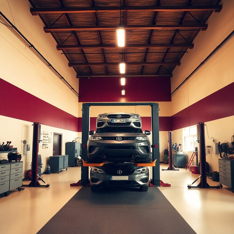 Interior de atelier auto cu pereți crem și accente vișinii