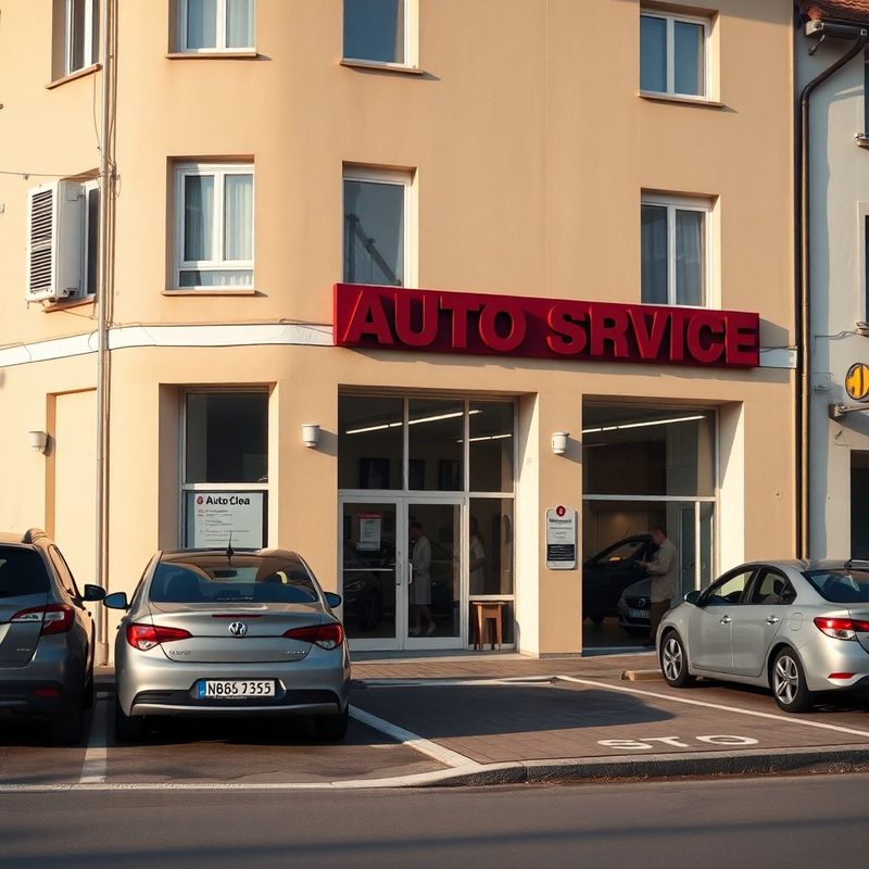 Exteriorul atelierului cu fațadă crem și semnalistică vișinie